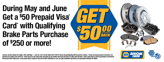 Get a $50 Prepaid Visa Card with Qualifying Brake Parts Purchase of $250 or more!